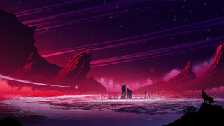 Mountain city wolf aurora night - anton fadeev free wallpaper