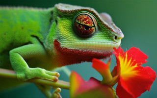 Green chameleon red flower macro - its mouth free wallpaper