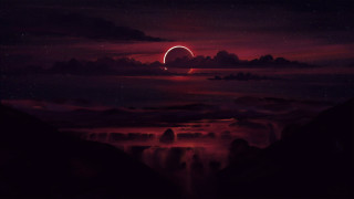 Red moon mountain waterfall city - a waterfall below free wallpaper