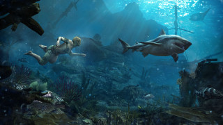 Aquarium sharks underwater people photorealism - craig mullins free wallpaper