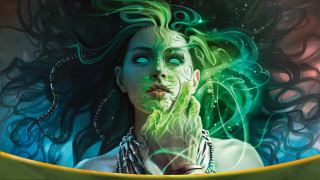 Green haired woman glowing eyes 2 - donato giancola free wallpaper