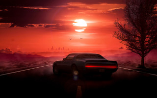 Sunset car road red sky - retrofuturism free wallpaper