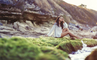 Woman rock river moss cliff - impressionist free wallpaper