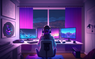 Cyberpunk synthwave girl desk night - alena aenami free wallpaper