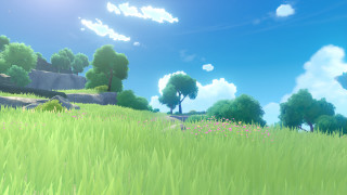 Grassy field trees rocks blue - a few pink flower free wallpaper