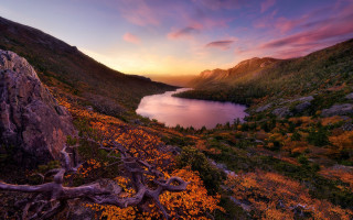 Lake mountains trees sunset foreground - free mountains wallpaper