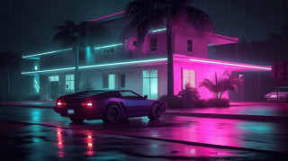 Car building neon palm retrofuturism - retrowave free wallpaper