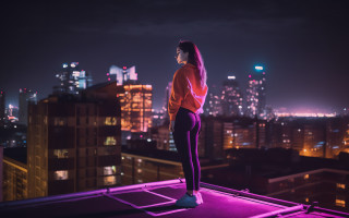 Rooftop citylights synthwave cyberpunk woman - a roof free wallpaper