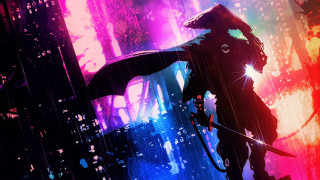 Man sword rain umbrella cyberpunk - synthwave style free wallpaper
