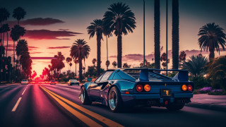 Blue car street palm trees - a blue car free wallpaper
