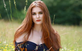 Red haired woman flower field 2 - elinor proby adams free wallpaper