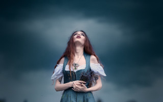 Woman blue dress cloudy sky 2 - a storybook illustration free wallpaper for desktop