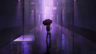 Rainy hallway cyberpunk umbrella purple - a purple light free wallpaper