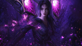 Woman wings purple dress sword - league of legends concept art free wallpaper
