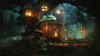 Forest treehouse night lanterns torii - league of legends concept art free wallpaper