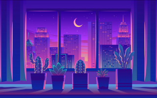 Cityscape cactus night surreal gradient - alena aenami free wallpaper