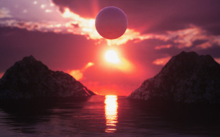 Sunset floatingsphere mountains ocean cityscape - a sunset free wallpaper