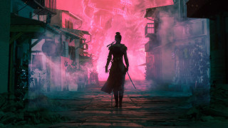 Woman red dress city street - art greg rutkowski free wallpaper