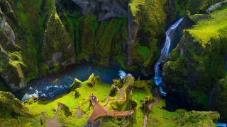 Waterfall road bridge valley aerial - scenic free wallpaper