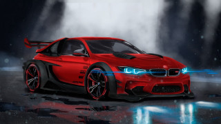 Red car blue light night - matte drawing free wallpaper