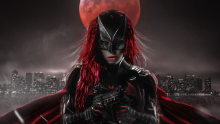 Woman red cape gun city - a red moon in the background free wallpaper