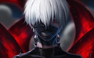 Demon man white hair red - horn free wallpaper