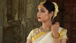 Woman white gold saree jewelry - a brick wall behind her free wallpaper