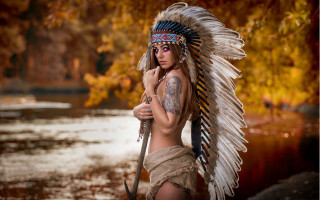 Woman feather headdress tribal river - fashion photography free wallpaper for desktop