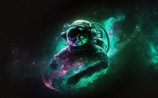Spaceman green purple clouds stars - free space wallpaper