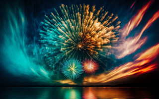 Fireworks reflection lake night city - colorful free wallpaper