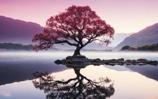Lake mountain tree fog sunset - the middle of a lake free wallpaper