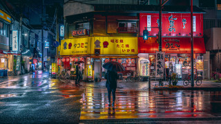 Rainy night umbrella cyberpunk city - neofauvism free wallpaper