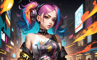 Cyberpunk girl neonlights colorfulhair headphones - cyberpunk art free wallpaper