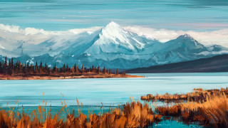 Mountain lake forest sky pleinair - professional digital painting free wallpaper