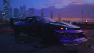 Purple blue car city skyline - a city skyline in the background free wallpaper