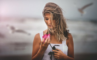 Woman pinkflower bird portrait neo - anna maria barbara abesch free wallpaper