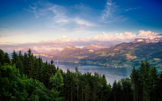 Lake mountains trees sky clouds 19 - a scenic view of a lake free wallpaper