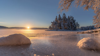 Sunset frozen lake snow trees - a sunset over a free wallpaper