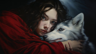 Woman hugging dog red blanket - a painting of a woman free wallpaper