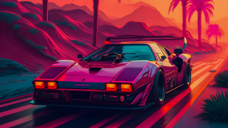 Car palm trees pink sky - alena aenami free wallpaper