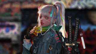 Cyberpunk girl blueeyes gloves sword - holding free wallpaper