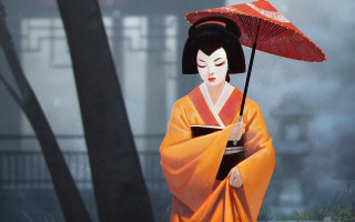 Woman kimono umbrella rain hydrangea - ukiyoe free wallpaper