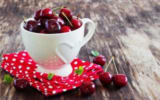 White cup cherries wooden table - cherry free wallpaper