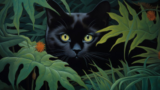 Black cat jungle flowers yellow - a painting free wallpaper