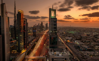 City skyline sunset street light - car free wallpaper