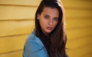 Woman long hair denim shirt - a yellow wall free wallpaper