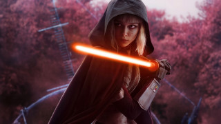 Hooded woman holding lightsaber red - a light saber free wallpaper