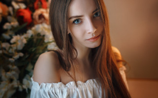 Long hair blue eyes flower - elina karimova free wallpaper