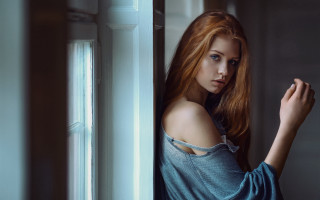 Red haired woman leaning wall 2 - leaning free wallpaper
