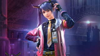 Woman pinkjacket bluehair blueeyes cityscape - a pink jacket free wallpaper
